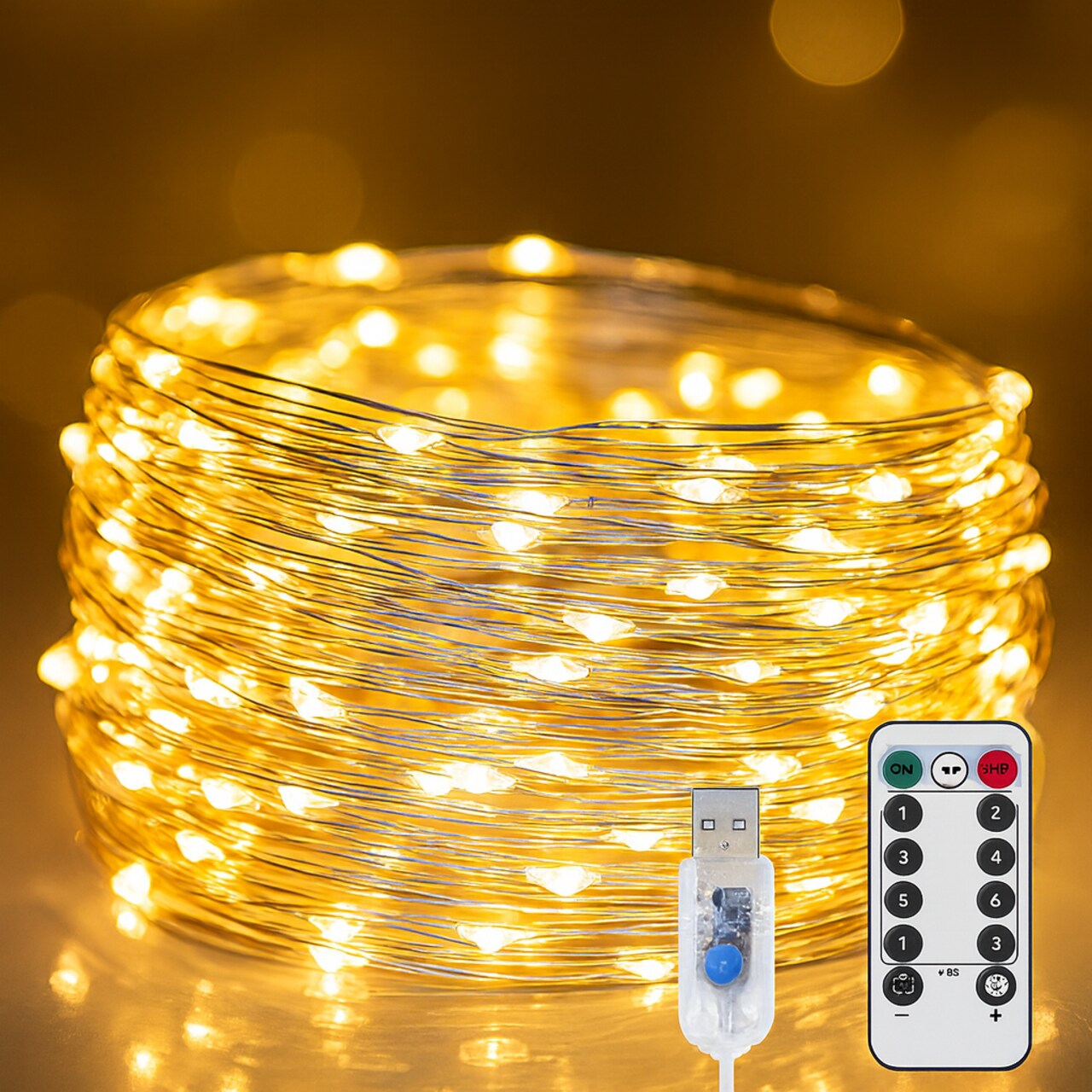 3 pack of 200 count (600 total lights) Warm White Fairy Lights with USB plug and remote control